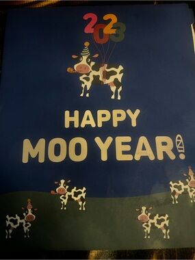 Happy Moo Year Banner Card — Navy Blue Cow New Year Greeting